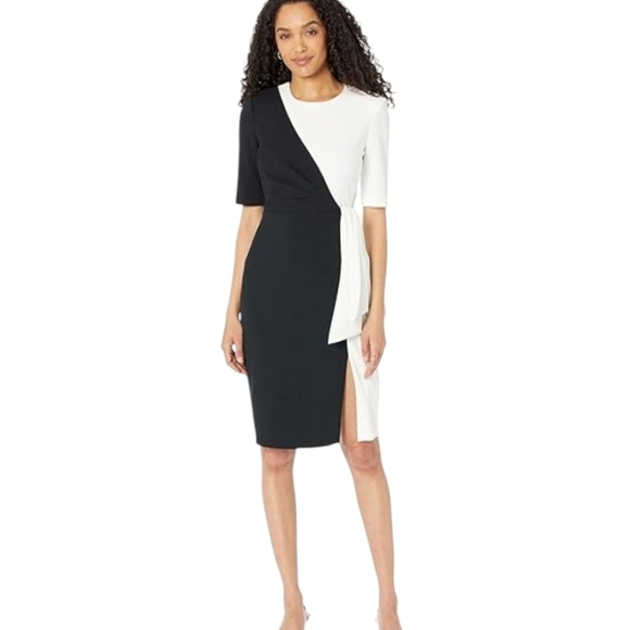 Calvin Klein Black and White Side Tie Short Sleeve Classic Career Dress Sz 2 - Picture 8 of 10